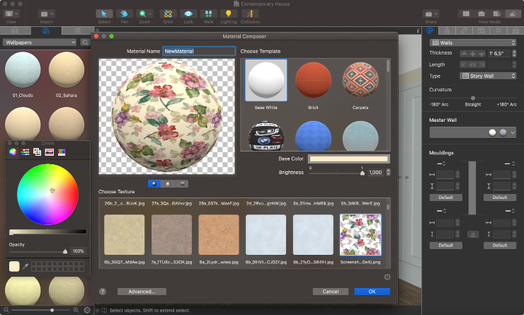 A screenshot showcasing how to change color and brightness of the material in Live Home 3D for Mac.