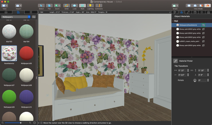 A screenshot showcasing how to work with the Tile Transform tool in Live Home 3D for Mac.