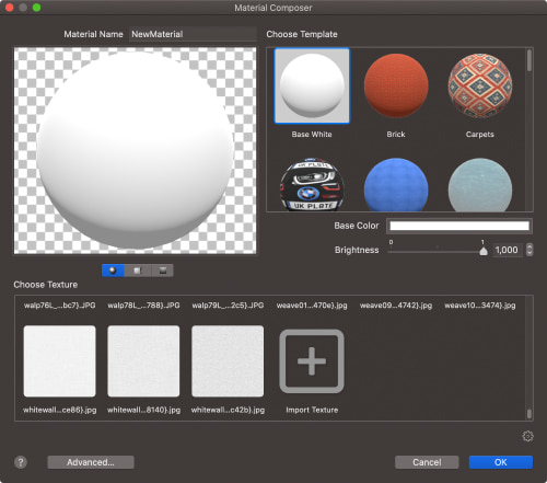 A screenshot of Material Composer opened in Live Home 3D for Mac.