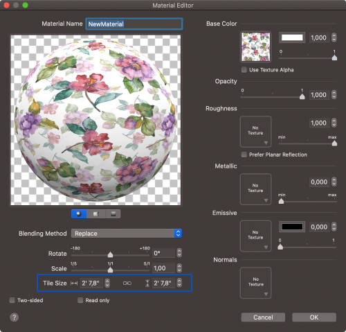 A screenshot of the Material Editor opened in Live Home 3D Pro for Mac.
