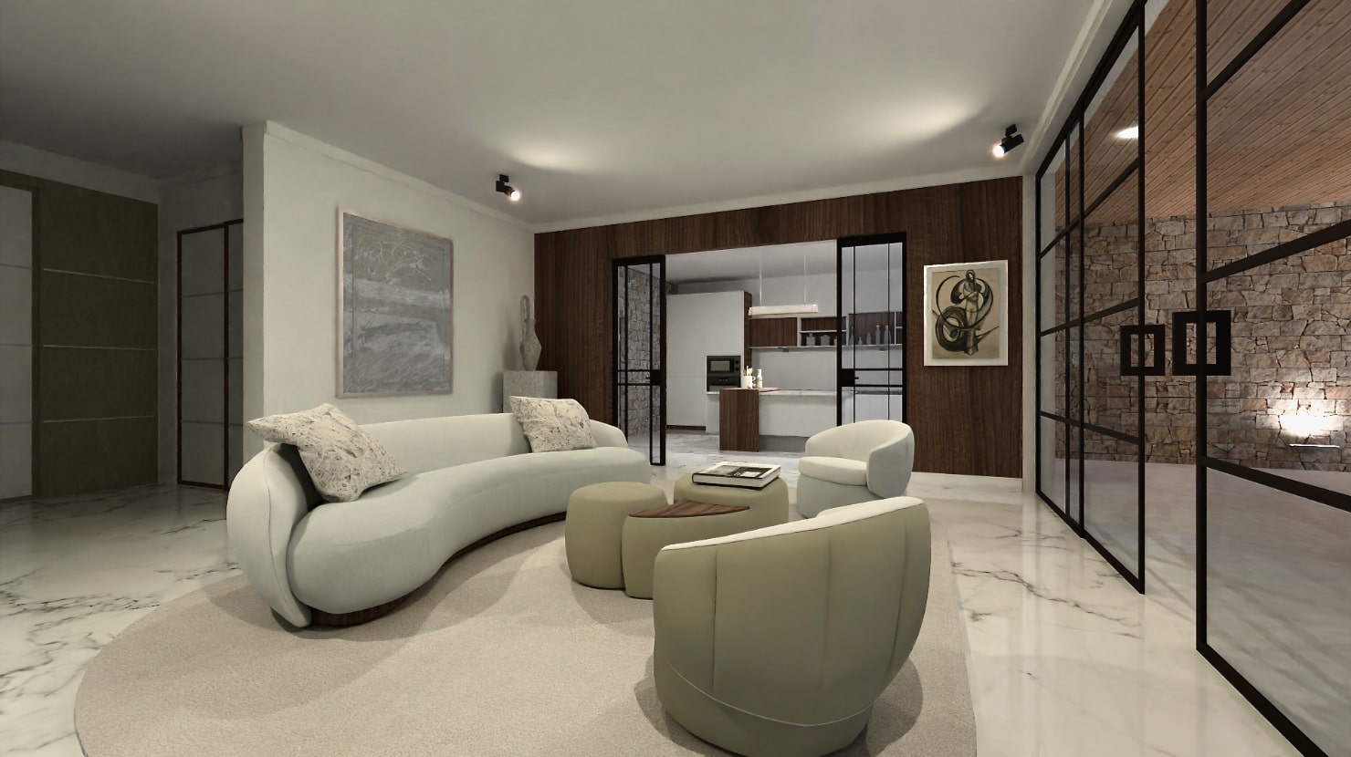 Modern living room with curved furniture designed and rendered in Live Home 3D for Mac.