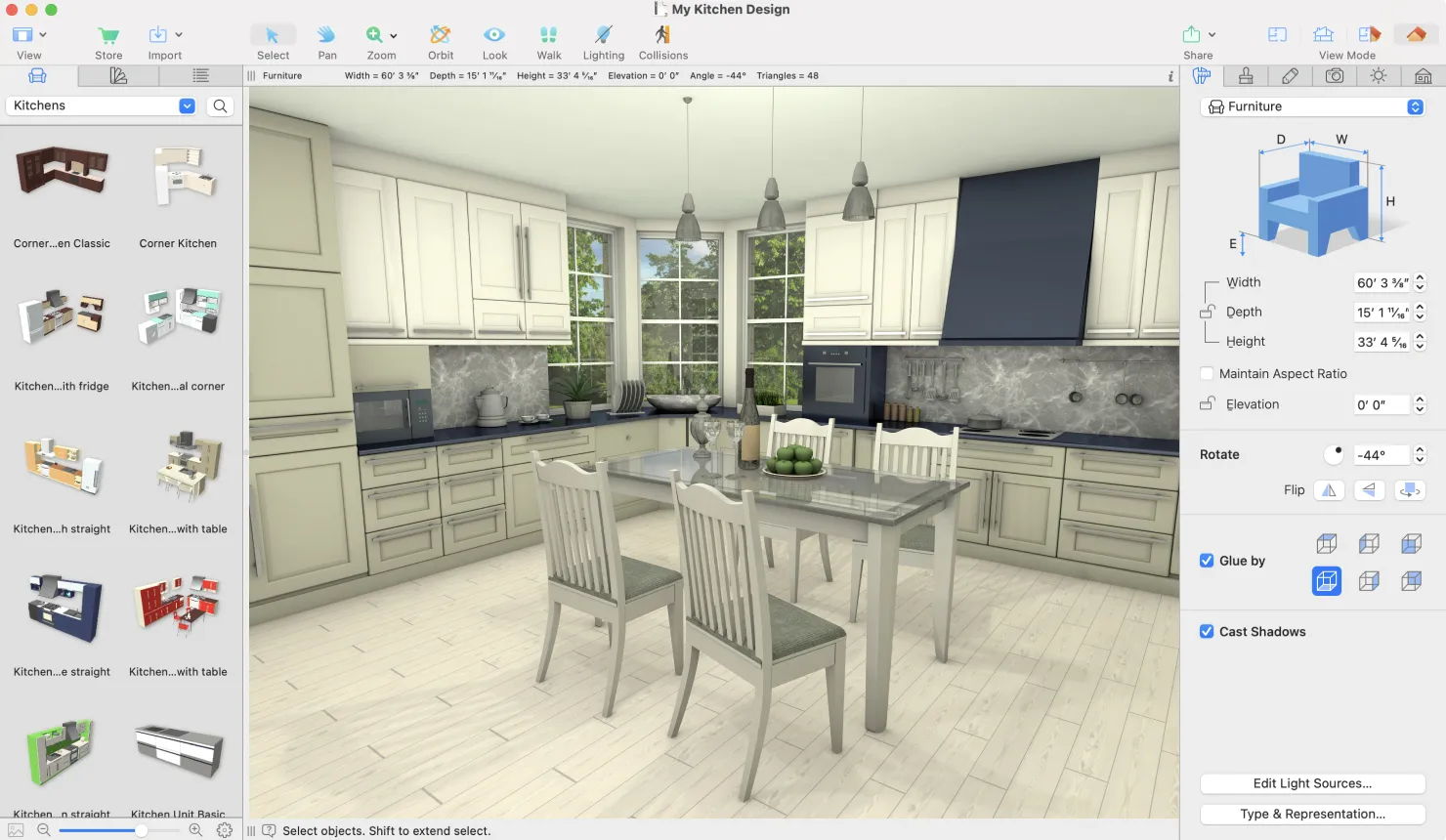3D kitchen view in Live Home 3D software.
