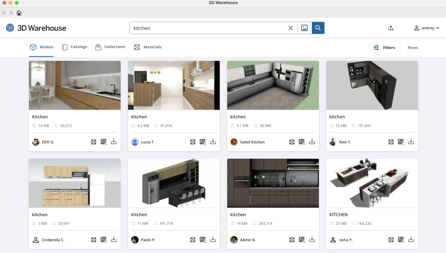 SketchUp 3D Warehouse with various kitchen 3D models.