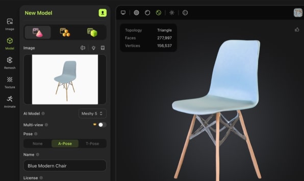Highly-realistic 3D model of a chair generated with Meshy AI.
