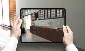 A kitchen viewed in AR (Augmented Reality) in Live Home 3D on an iPad