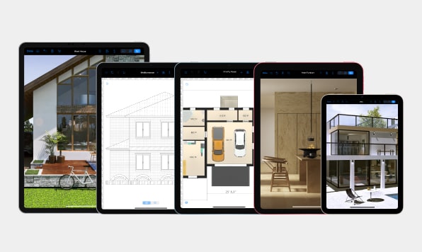 The best iPads for interior design: the 12-inch iPad Pro, the 11-inch iPad Pro, iPad Mini, iPad Air, iPad 10.9 with Live Home 3D designs displayed on them.