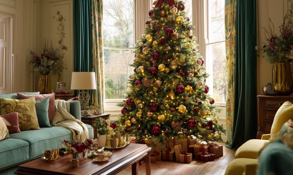 An elegant living room decorated for Christmas in emerald, ruby, gold, pastel green and blush pink tones.