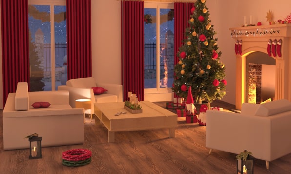 A minimalist living room decorated for Christmas, designed and rendered in Live Home 3D.