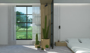 Light bedroom with a large window and cacti for decor designed and rendered in Live Home 3D.