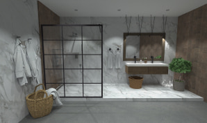 White marble bathroom with a raised platform designed and rendered in Live Home 3D. 