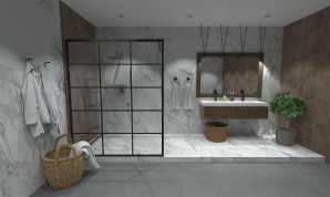 White marble bathroom with a raised platform designed and rendered in Live Home 3D.