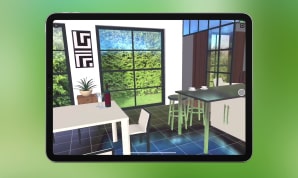 Viewing a kitchen on an iPad in AR view of Live Home 3D