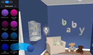 Drag and drop of color in Live Home 3D for changing a blue baby room's materials