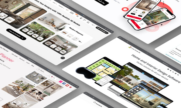 Screenshots of the interior design apps websites on a brown gradient background.