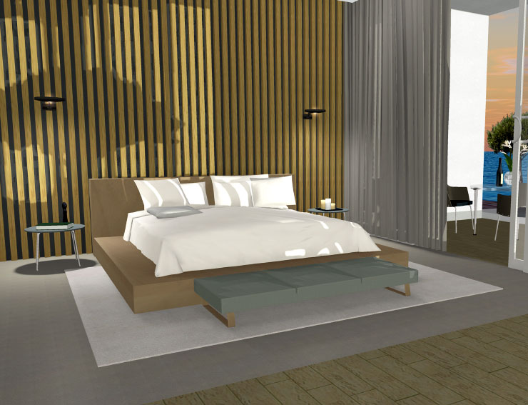 A bedroom with white bedding designed in Live Home 3D