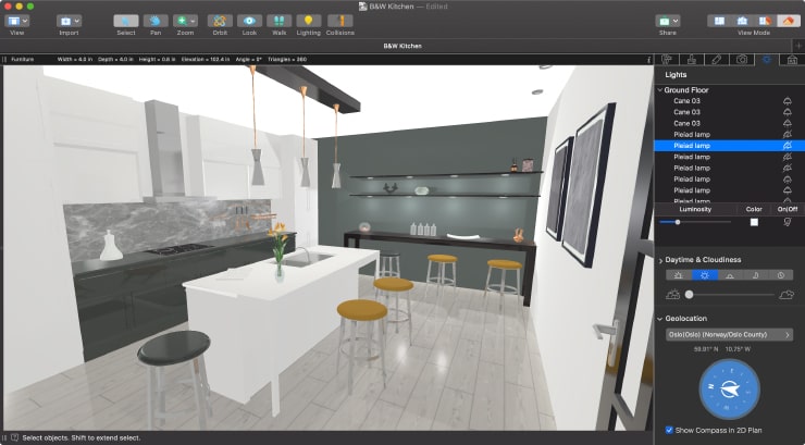 A kitchen designed in white and dark colors opened in Live Home 3D for Mac