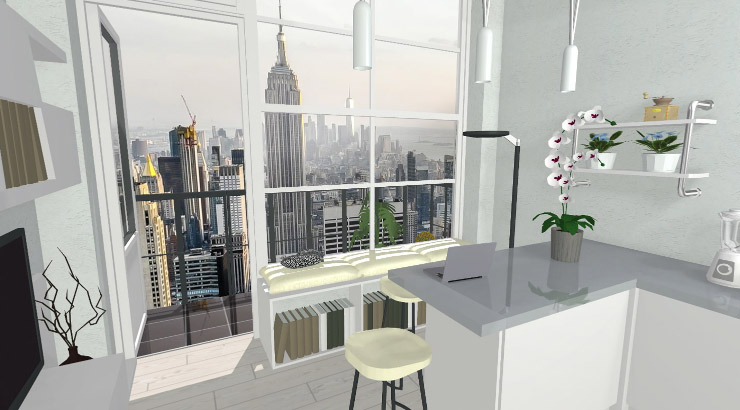 A kitchen in white colors with New York city view designed in Live Home 3D