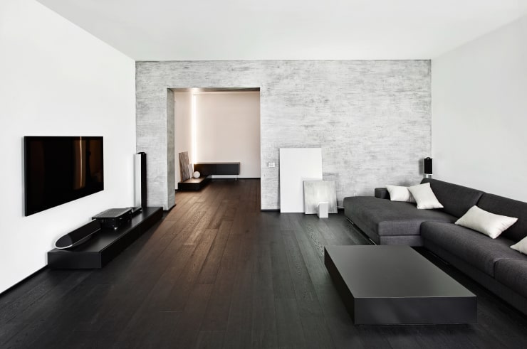 A living room with white walls