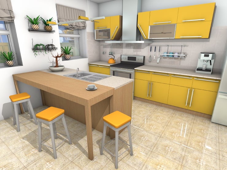 A yellow kitchen created in the Live Home 3D interior design software