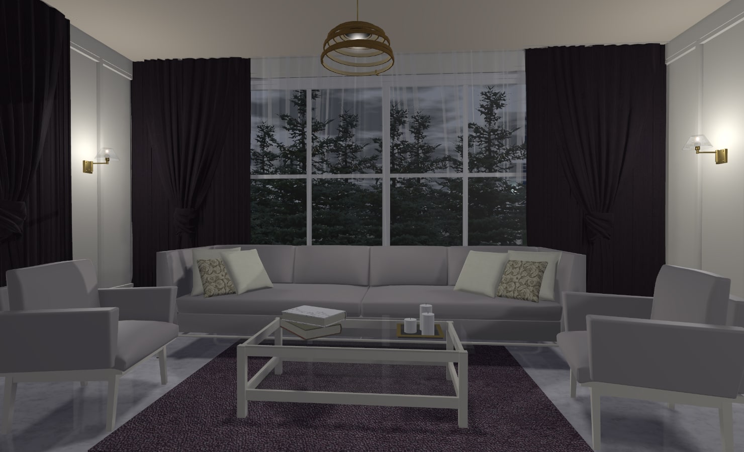 Luxurious living room in white and gray shades with burgundy and gold metallic accents made in the Live Home 3D home design app.
