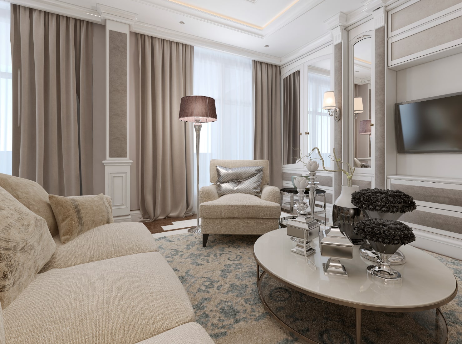 Luxury interior of a living room in light shades of brown and gray with curtains hanging close to the ceiling above the window.