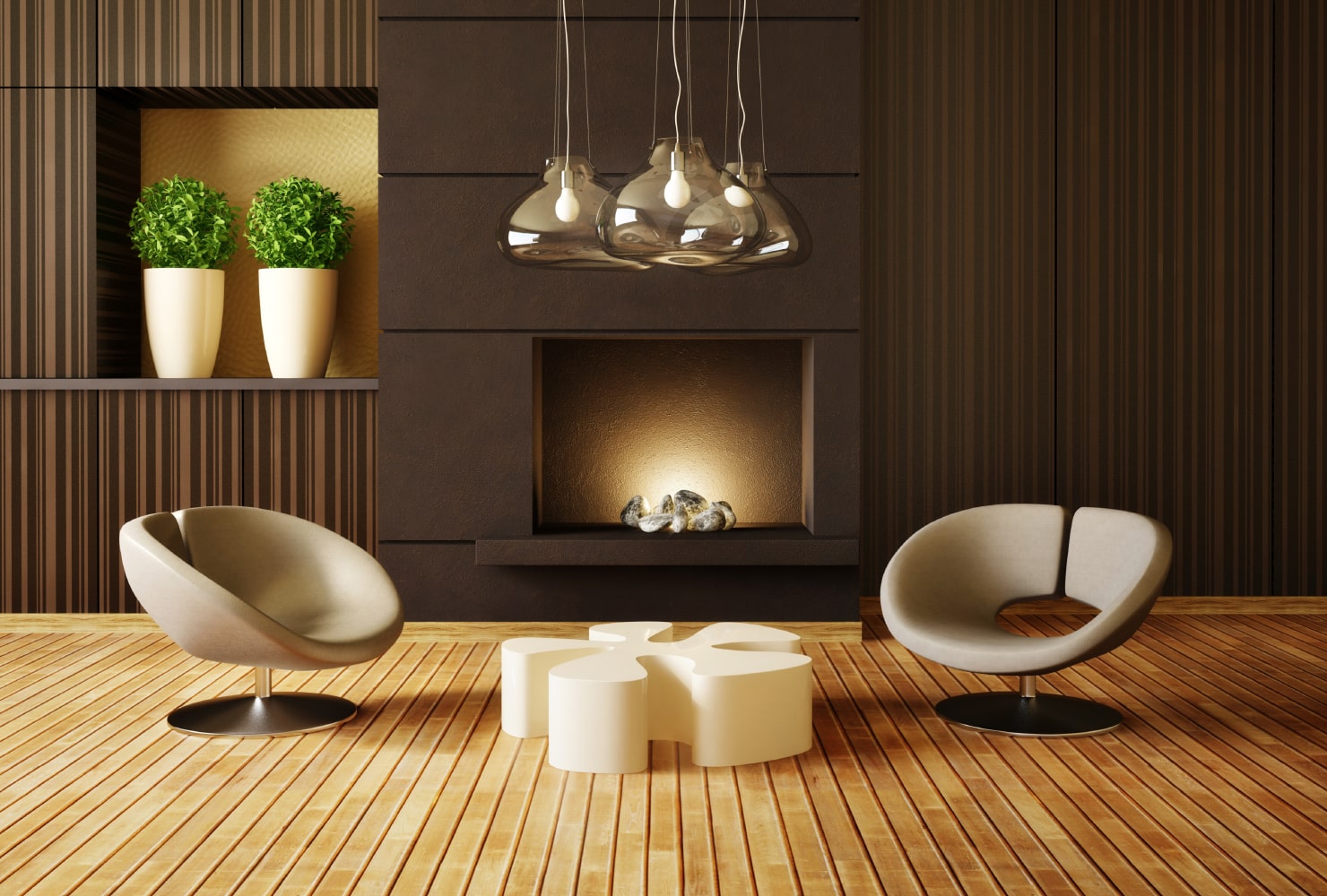 Symmetrical design of a modern living room in brown shades with a fireplace, two green plants and a light wooden flooring.