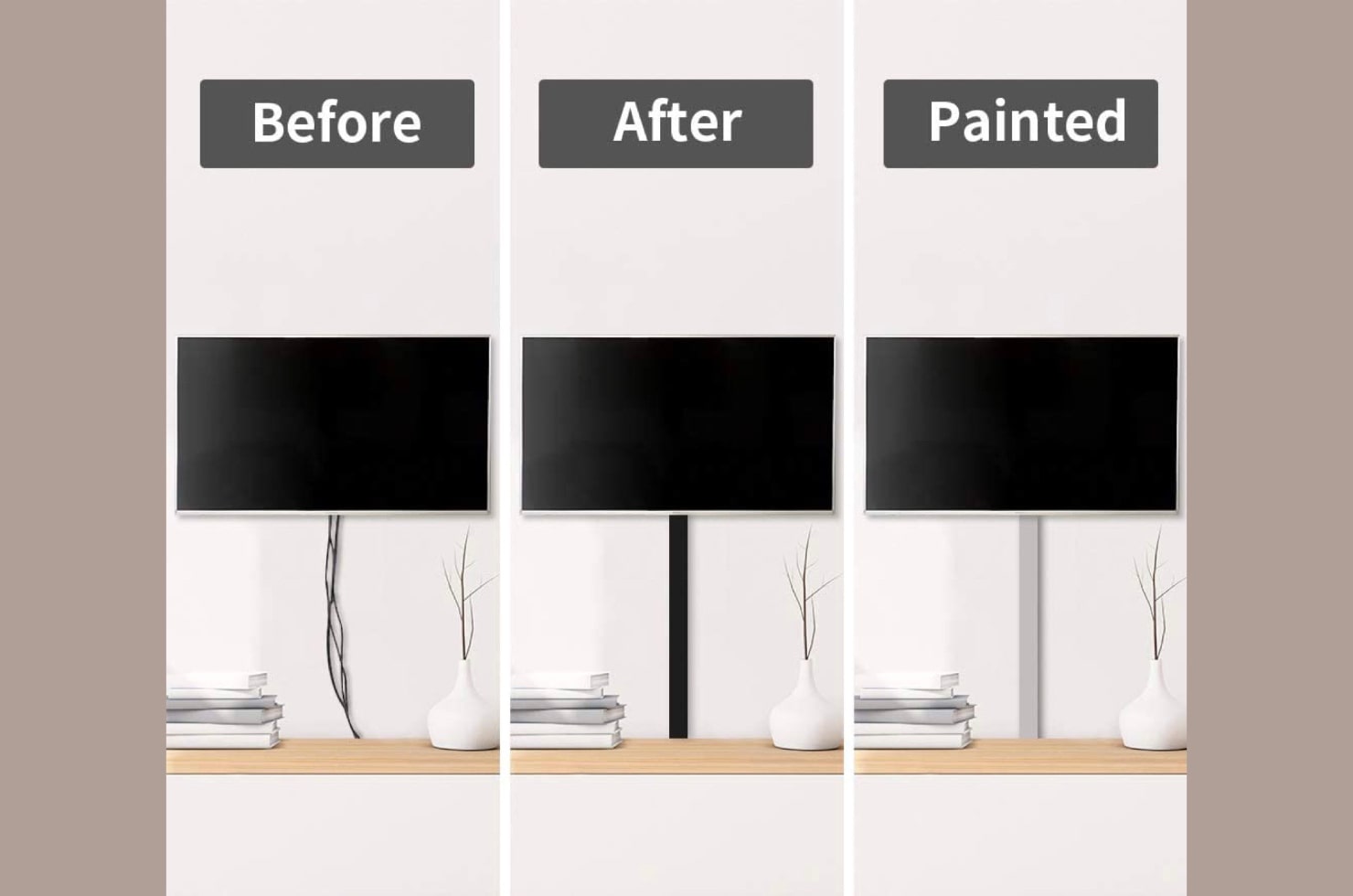 Three pictures of TV cords: uncovered cords, hidden with black cord cover and covered with gray cord cover.