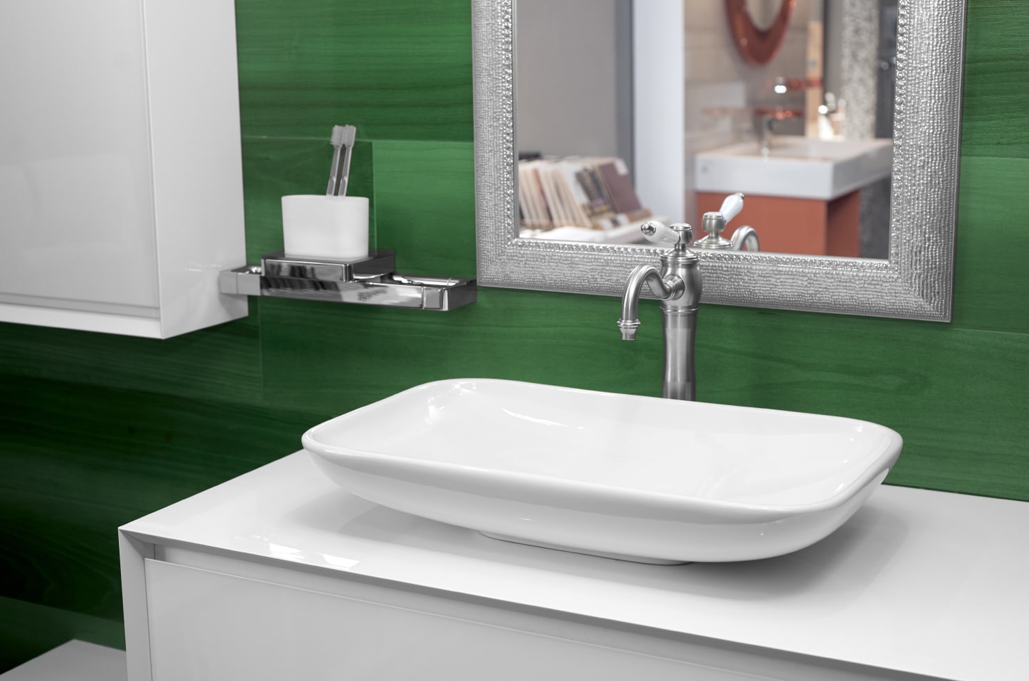 White modern wash basin with sophisticated silver vintage faucet.
