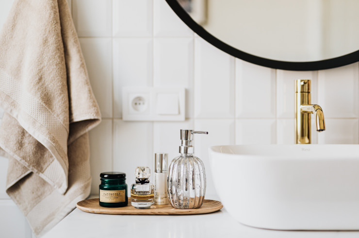 Organized bathroom essentials.