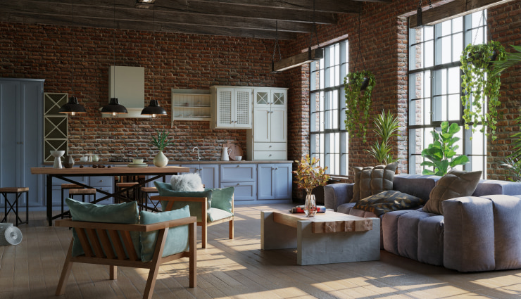 Studio apartment with brick walls and large windows.