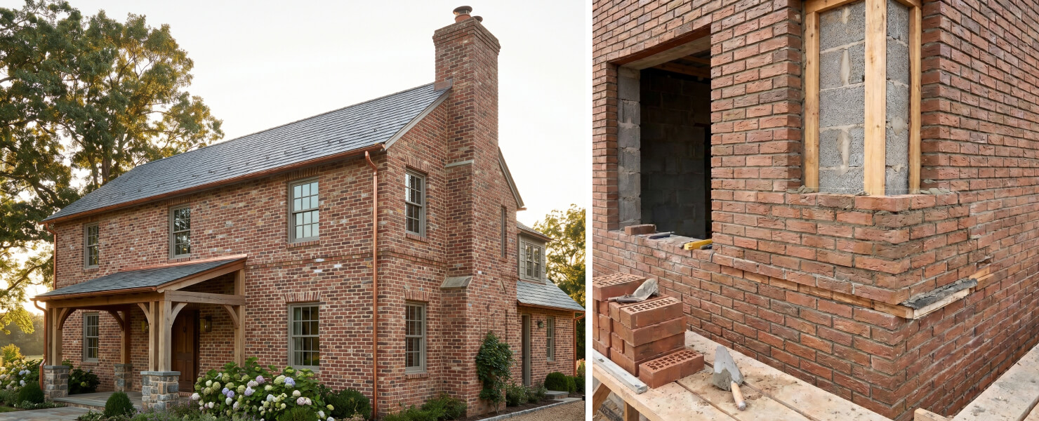 Traditional brick house and visible construction progress.