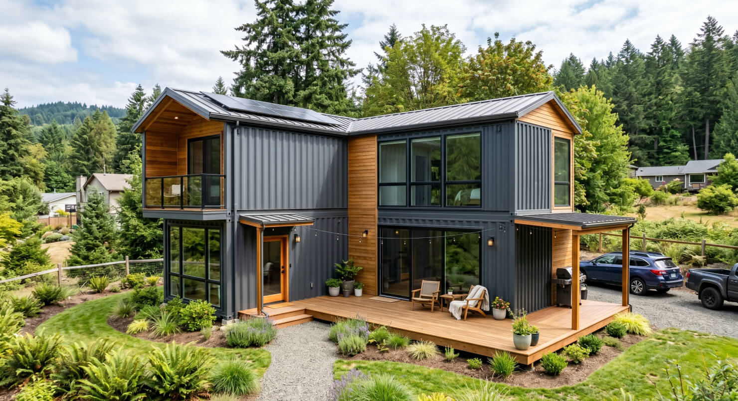 Modern multi-container house design with complex modular architecture.