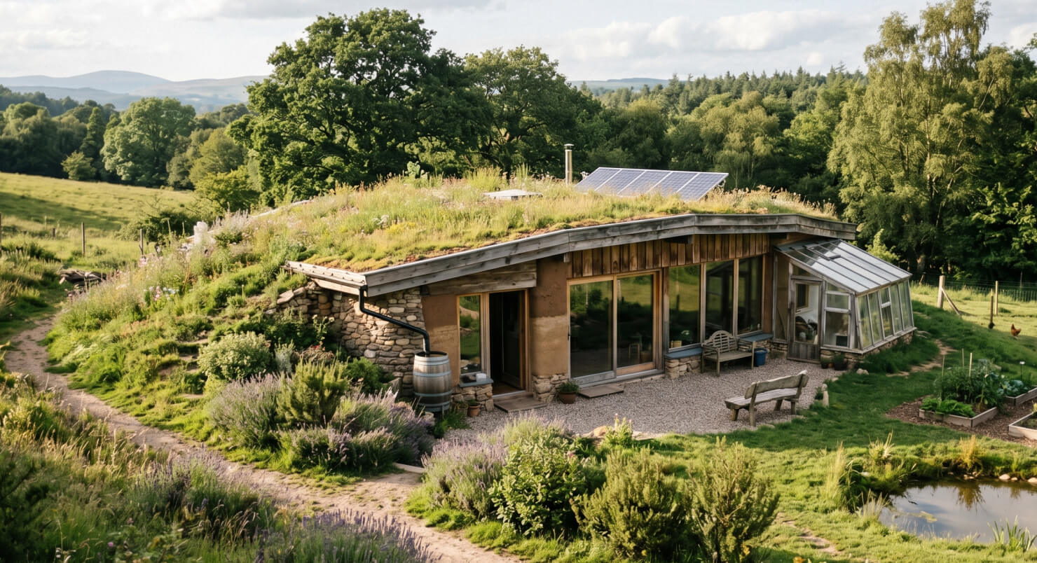 Sustainable earth house blending naturally into a countryside landscape.