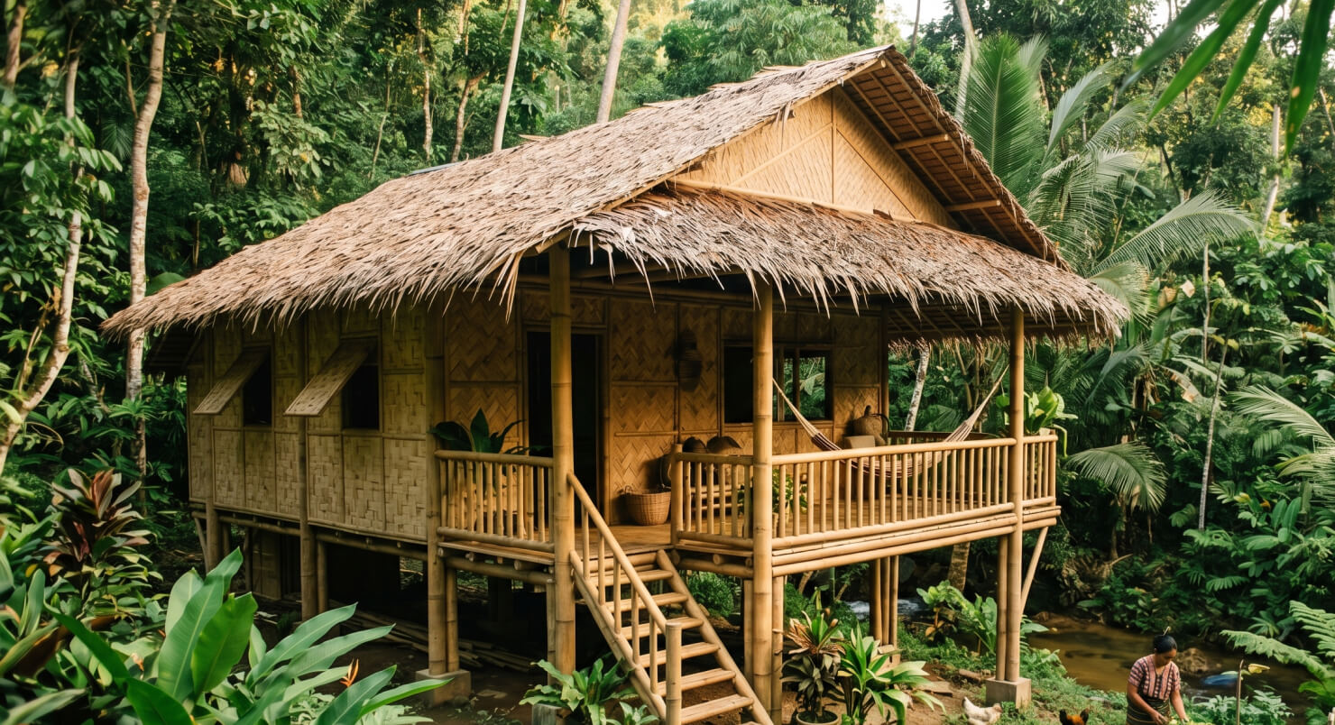 A traditional bamboo house in a rainforest surrounding.