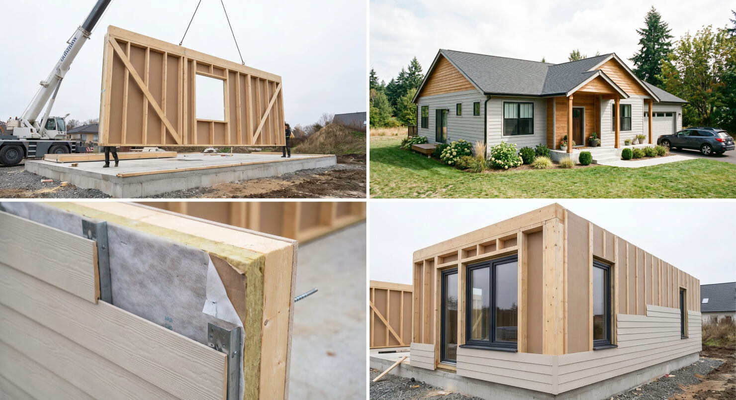 Construction stages of a prefabricated house assembly process.