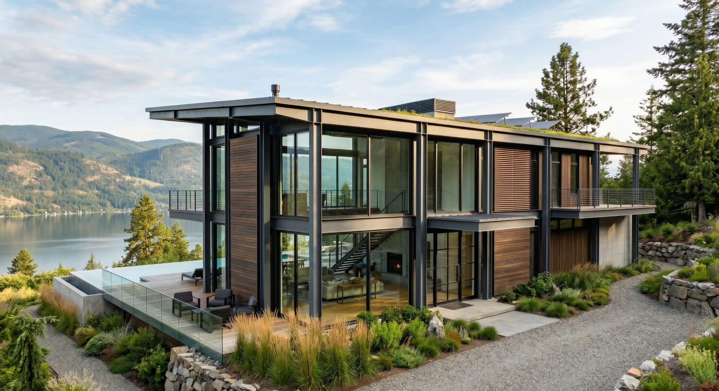 Contemporary steel frame house featuring floor-to-ceiling glass walls.