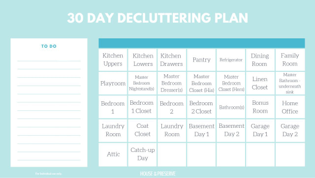 A picture of a 30-day decluttering plan.