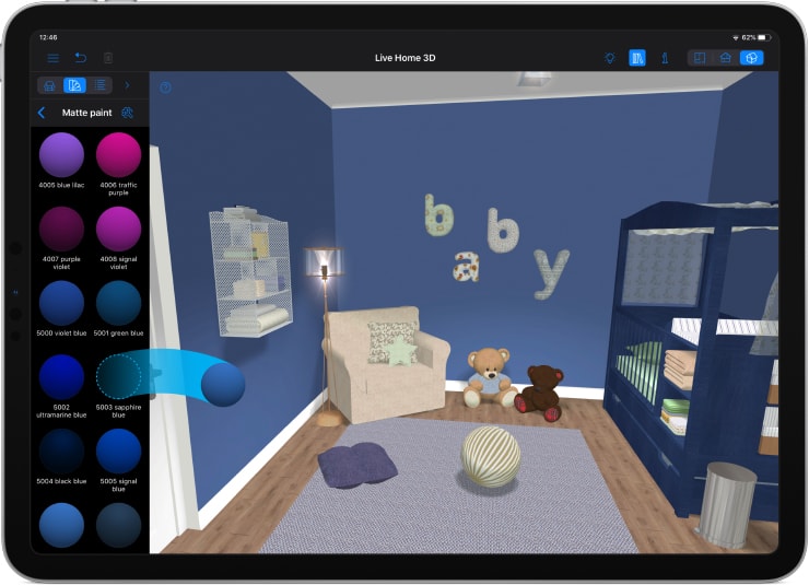 A blue baby room designed in Live Home 3D on an iPad