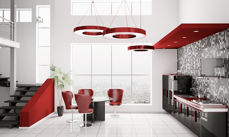 Kichen in red, gray and white colors