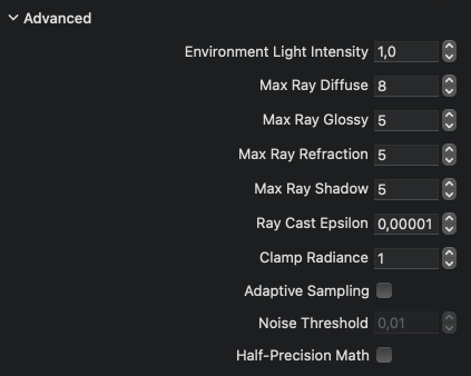 Advanced settings section of the Radeon ProRender in Live Home 3D for Mac.