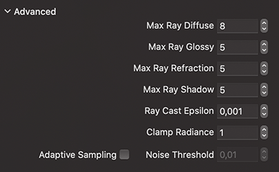 Advanced section of the Render with Radeon ProRender dialog of Live Home 3D for Mac