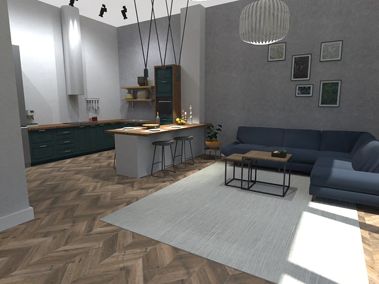 A living room designed in Live Home 3D and rendered in AMD Radeon ProRender