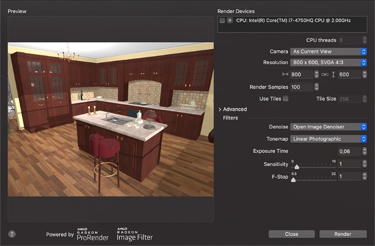 Render with Radeon ProRender dialog of Live Home 3D for Mac