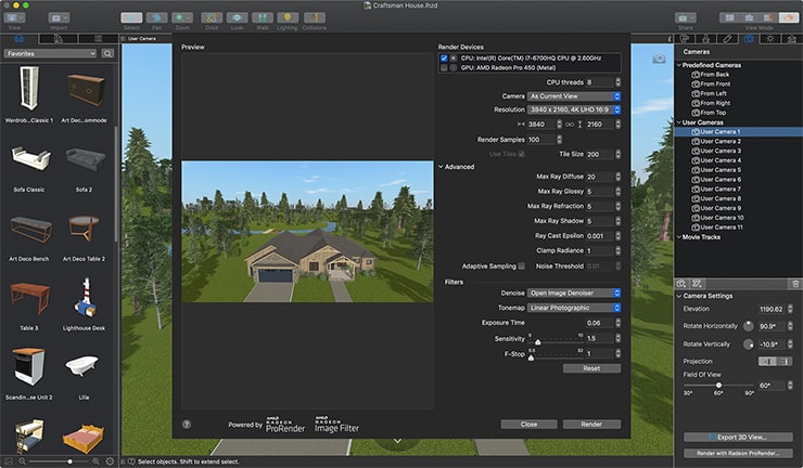 Rendering the interior design with Radeon ProRender in Live Home 3D for Mac