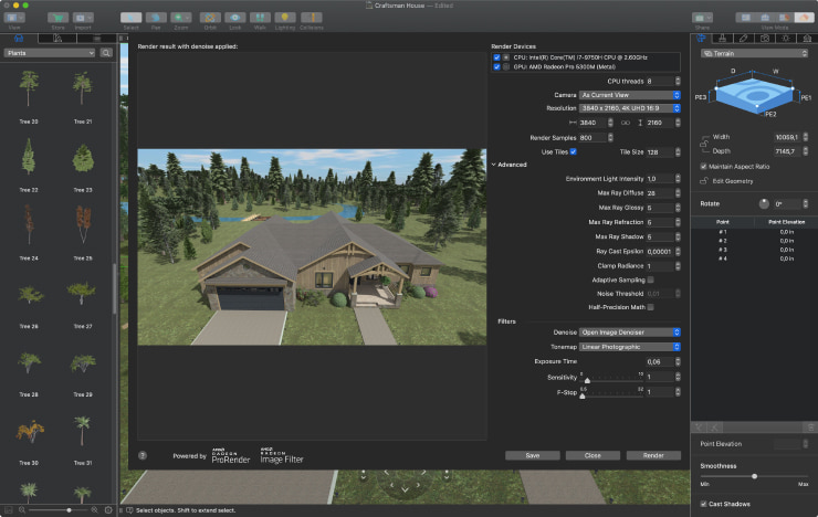 Rendering the Craftsman House project with Radeon ProRender in Live Home 3D for Mac.