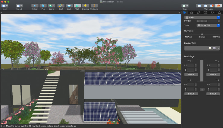 Contemporary house with solar batteries on the roof created in Live Home 3D for Mac.