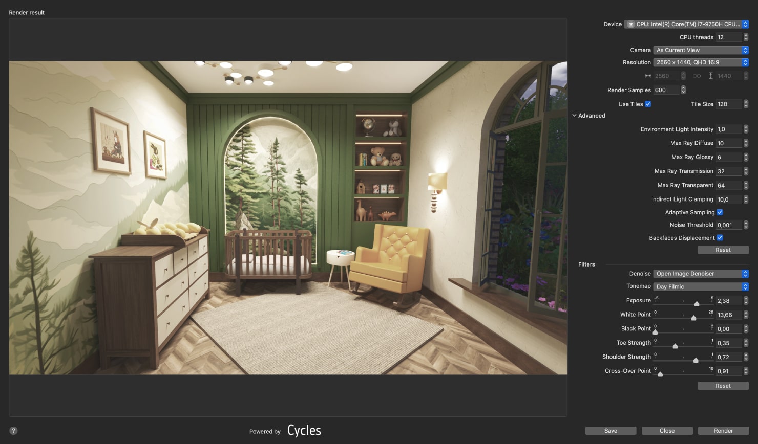 An example of the rendered image (kids’ room) and the rendering settings you need to choose in Cycles in Live Home 3D for Mac to achieve it. 