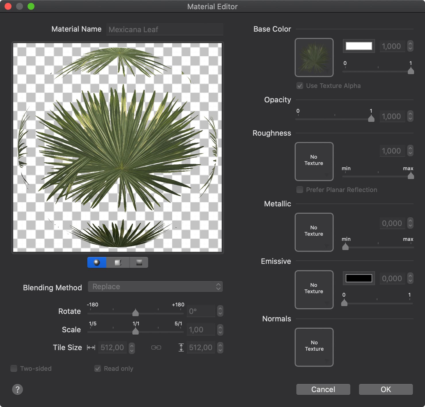 An example of the material with texture using the alpha channel opened in the Material Editor of Live Home 3D.