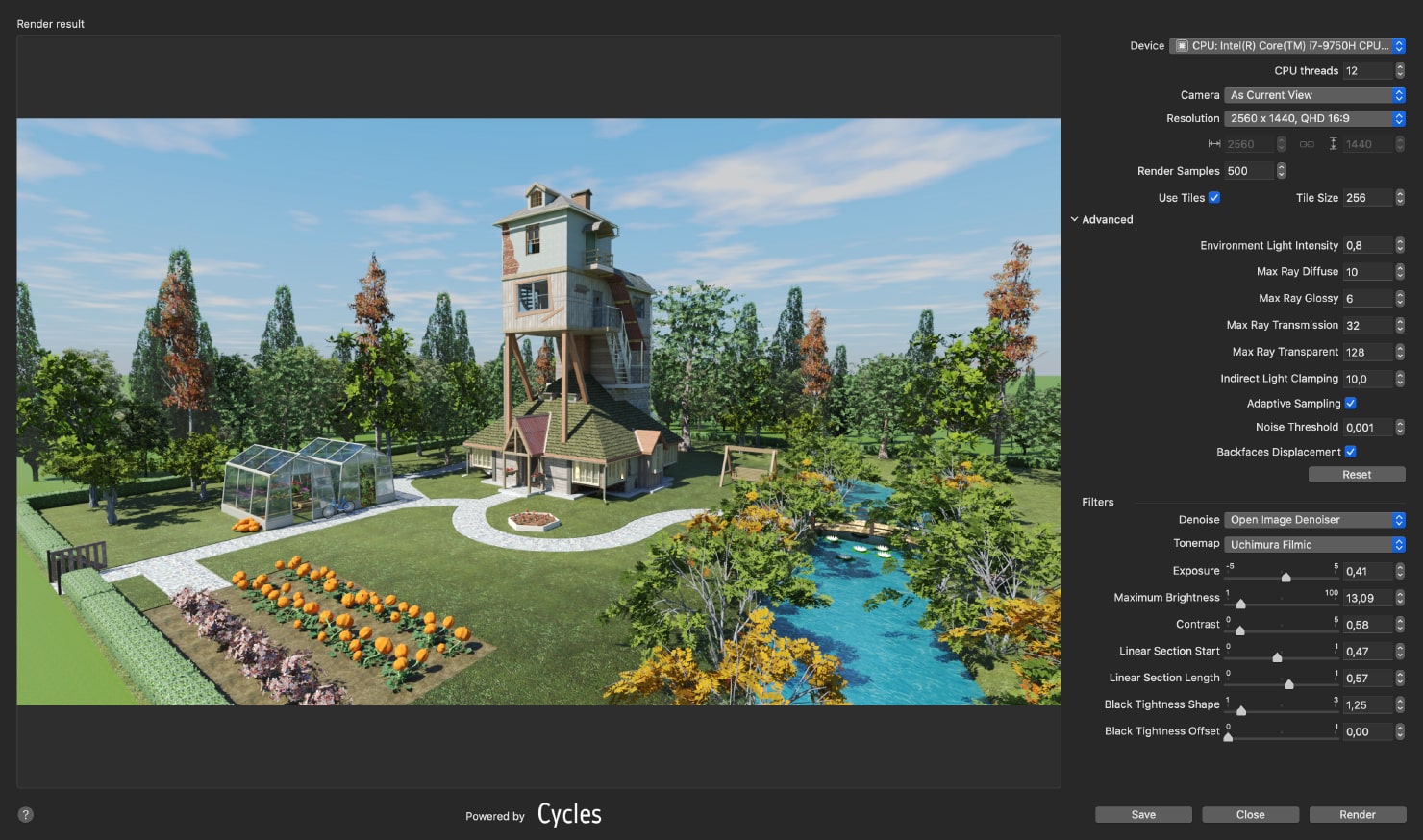 An example of the rendered image (outdoor scene) and the rendering settings you need to choose in Cycles in Live Home 3D for Mac to achieve it.