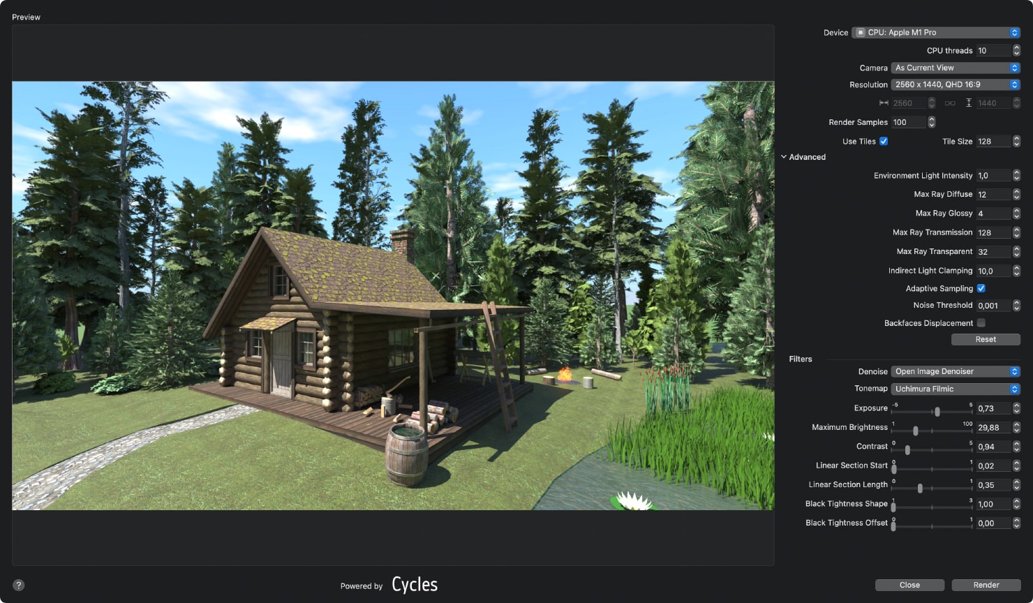 An example of the rendering settings of the Cycles rendering engine in Live Home 3D for Mac.